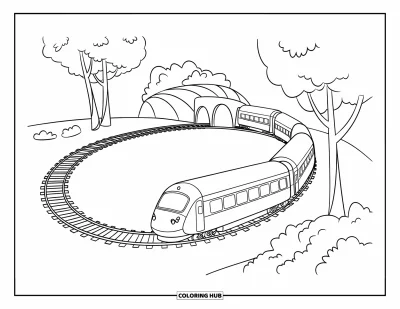 Train Coloring Page for Kids: A cute train loops around a circular track, passing trees and a tunnel along the way