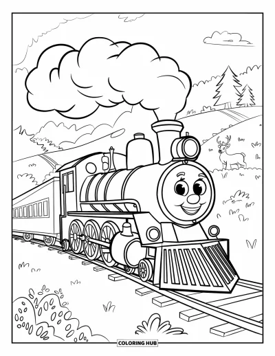 Train Coloring Page for Kids: A cute train with exaggerated wheels and a tiny whistle rolls through a cheerful landscape