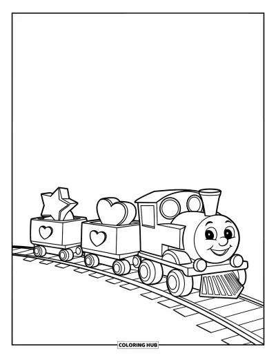 Train Coloring Page for Kids: A friendly toy train with three boxy cars carries playful shapes like stars and hearts