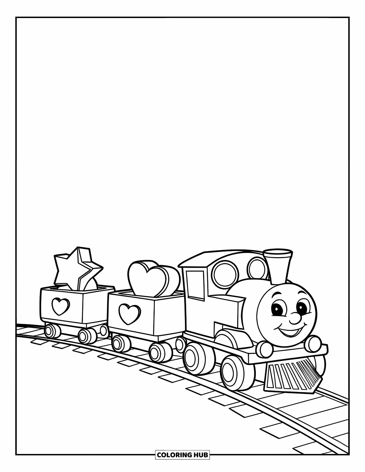 Disegno di un treno da colorare per bambini: Un simpatico trenino giocattolo con tre vagoni squadrati trasporta forme giocose come stelle e cuori