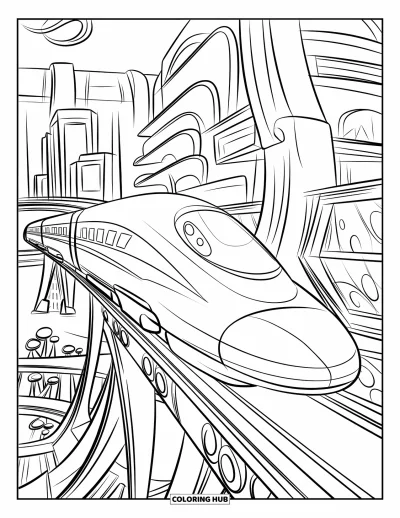 Train Coloring Page for Kids: A futuristic train soars over a high-tech city with curved glass towers and lush greenery