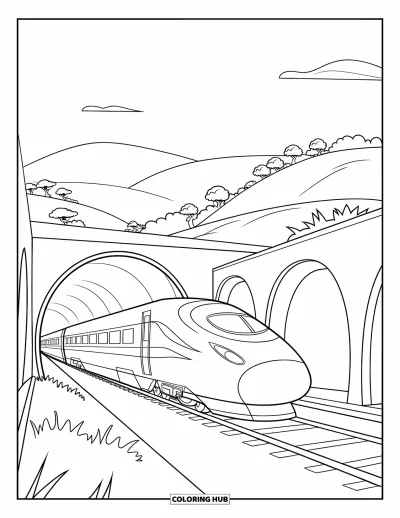 Train Coloring Page for Kids: A futuristic train zooms through a tunnel entrance, surrounded by green hills and winding tracks