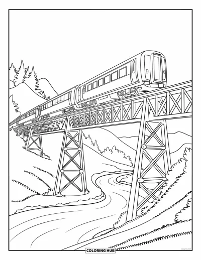 Train Coloring Page for Kids: A grand train travels over a high steel bridge, passing through a landscape of mountains and trees