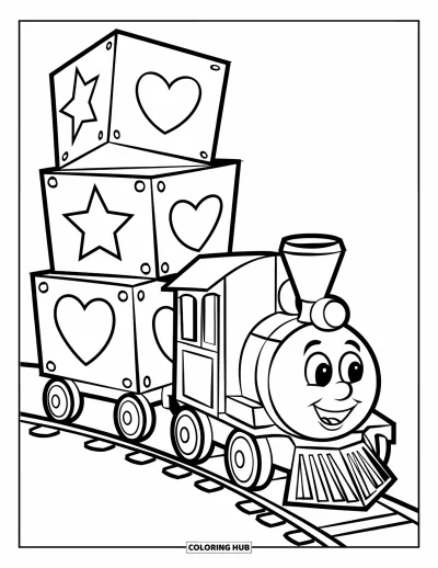 Train Coloring Page for Kids: A happy little toy train pulls colorful cars filled with fun shapes like stars and hearts