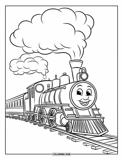 Train Coloring Page for Kids: A happy steam train puffs three fluffy smoke clouds as it rolls along a simple track