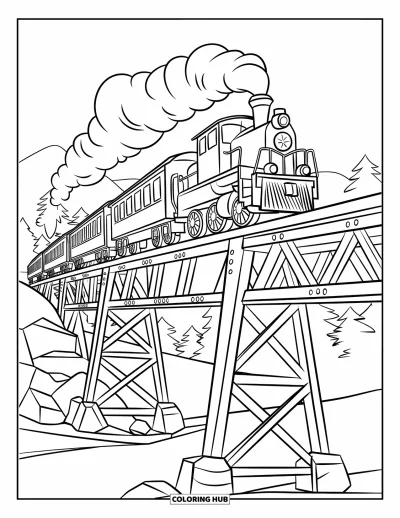 Train Coloring Page for Kids: A locomotive steams along a towering metal bridge, surrounded by rolling mountains and trees