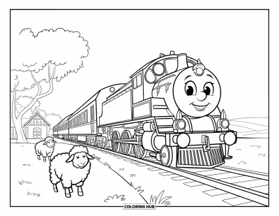 Train Coloring Page for Kids: A locomotive with a bold, round nose rolls through open countryside while fluffy sheep look on