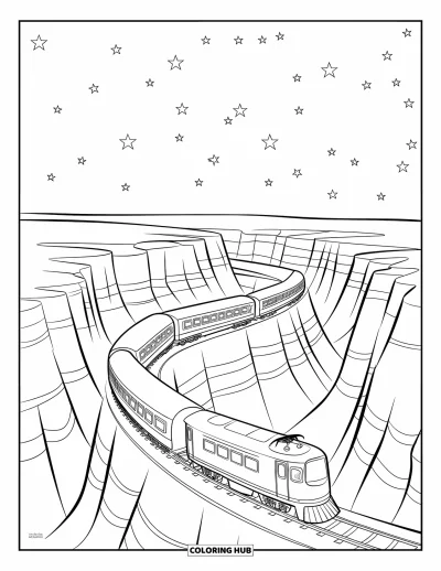Train Coloring Page for Kids: A long train follows tracks through a rocky canyon, leaving a trail of smoke behind