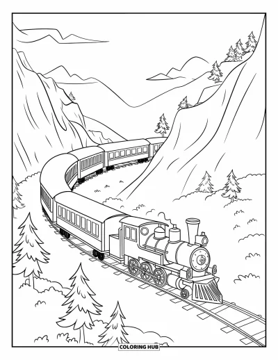 Train Coloring Page for Kids: A long train travels a steep mountain route, weaving between pine trees and rocky cliffs