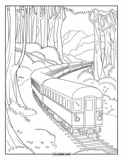 Train Coloring Page for Kids: A long train winds through a dense forest, passing towering trees and lush greenery