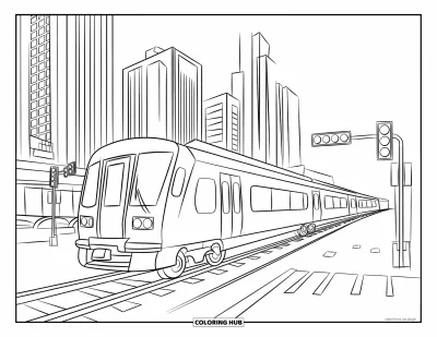 Train Coloring Page for Kids: A modern city train glides past towering skyscrapers and traffic lights on a busy street