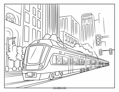 Train Coloring Page for Kids: A modern train filled with passengers passes by city buildings, lampposts, and busy intersections