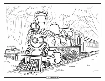 Train Coloring Page for Kids: A mystical steam train covered in ivy rests near a wooden platform in a dense forest