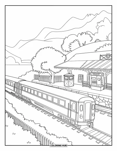 Train Coloring Page for Kids: A passenger train rolls past a quaint train station with a platform, waiting area, and ticket booth