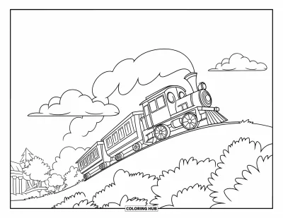 Train Coloring Page for Kids: A playful little train with a puffing smokestack climbs a tiny hill under a clear sky