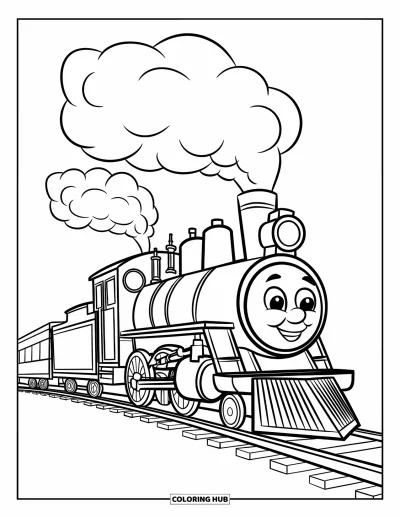 Train Coloring Page for Kids: A playful steam train with bold outlines and trailing smoke puffs moves along its tracks