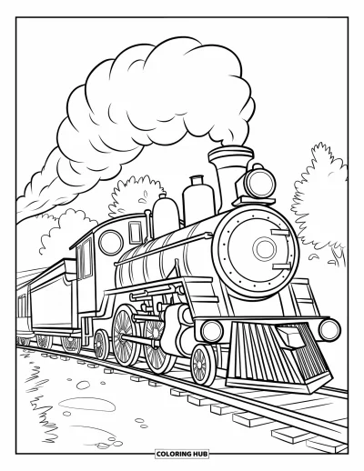 Train Coloring Page for Kids: A playful train with a round smokestack steams past trees and a wooden bridge
