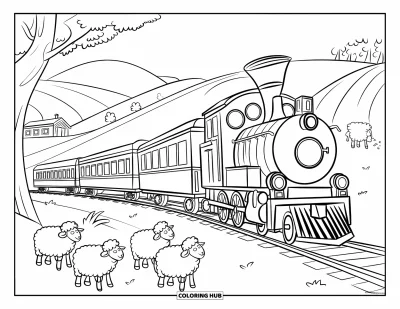 Train Coloring Page for Kids: A scenic countryside train moves past hills and trees as sheep graze near the tracks