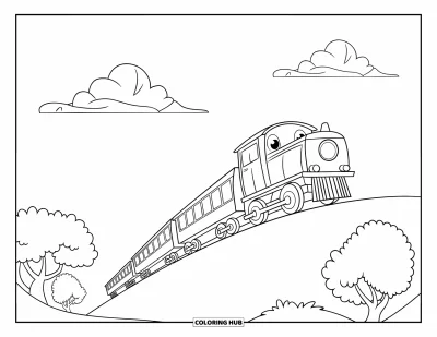 Train Coloring Page for Kids: A short train pulls a few cars up a small hill, framed by trees and drifting clouds