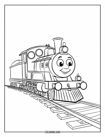 Train Coloring Page for Kids: A simple locomotive with a short chimney and round windows follows a smooth curved track