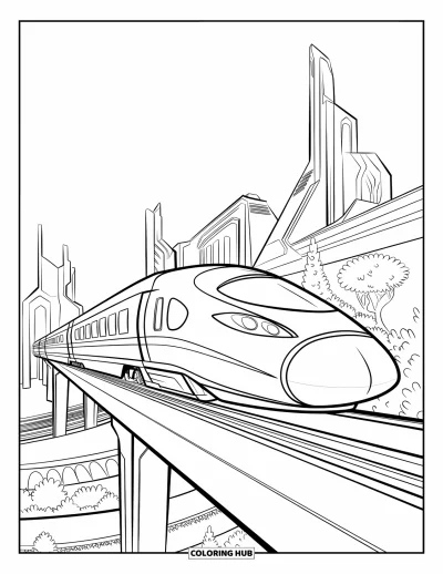 Train Coloring Page for Kids: A sleek bullet train speeds over a steel track, passing futuristic buildings and green spaces