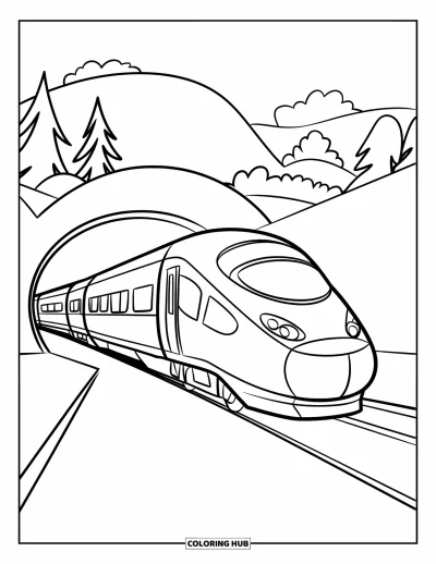 Train Coloring Page for Kids: A sleek high-speed train rushes through a curved tunnel, leaving the open landscape behind