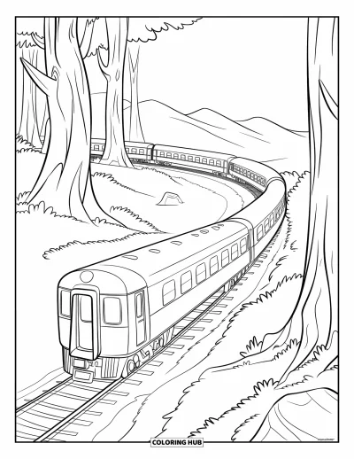 Train Coloring Page for Kids: A sleek train moves along curving tracks, weaving through a vast forest of tall trees
