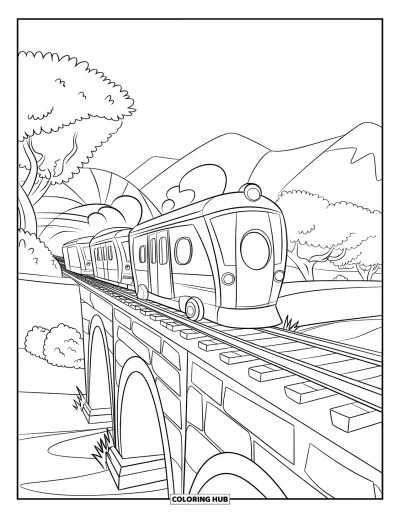 Train Coloring Page for Kids: A small train crosses a sturdy railway bridge with decorative railings over a scenic landscape
