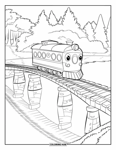 Train Coloring Page for Kids: A small train with a smiling face travels a wooden bridge, its reflection shimmering in the water