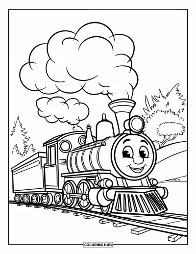 Train Coloring Page for Kids: A smiling steam train with large wheels and puffy smoke clouds moves forward on its journey
