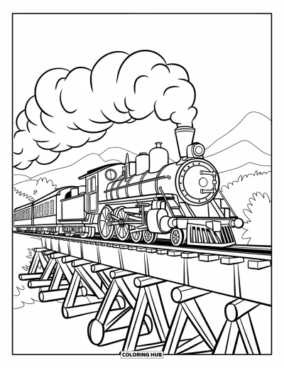 Train Coloring Page for Kids: A steam locomotive puffs smoke as it crosses a long wooden bridge over a scenic landscape
