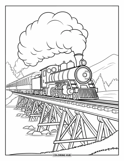 Train Coloring Page for Kids: A steam train chugs along a wooden bridge spanning a calm lake with mountains in the background