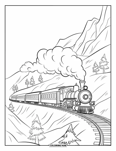 Train Coloring Page for Kids: A steam train snakes along a narrow mountain track lined with towering pines and jagged rocks