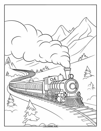 Train Coloring Page for Kids: A steam train winds through a mountain pass, puffing smoke as it follows curving tracks