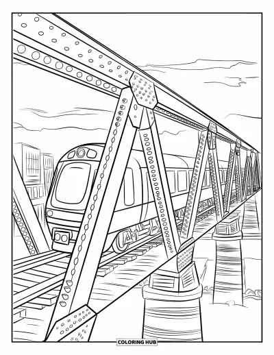 Train Coloring Page for Kids: A steel bridge with towering beams carries a train high above the water and rugged cliffs