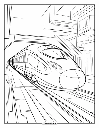 Train Coloring Page for Kids: A streamlined train moves through a modern cityscape filled with tall, uniquely designed buildings