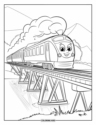 Train Coloring Page for Kids: A stubby train with a happy face crosses a wide wooden bridge over calm, reflective water
