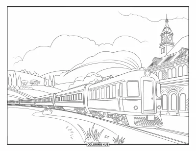 Train Coloring Page for Kids: A stylish train passes by a bridge and a clock tower, surrounded by lush landscapes