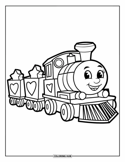 Train Coloring Page for Kids: A toy train with three boxy cars carries playful shapes like stars and hearts on its journey