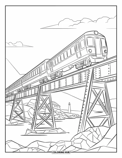 Train Coloring Page for Kids: A train crosses an old steel bridge with intricate bolts and beams over a rushing river