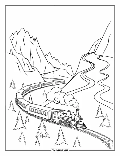 Train Coloring Page for Kids: A train puffs smoke as it climbs a mountain pass, winding between rugged cliffs and trees
