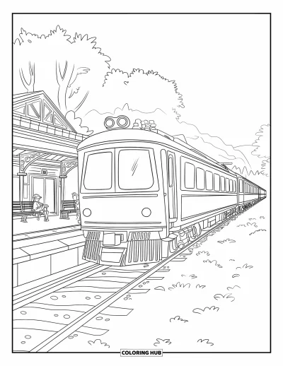 Train Coloring Page for Kids: A train pulls into a small station where passengers wait near a ticket booth and platform