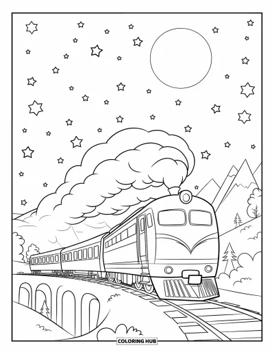 Train Coloring Page for Kids: A train travels under a starry sky, with a glowing moon lighting up the peaceful landscape