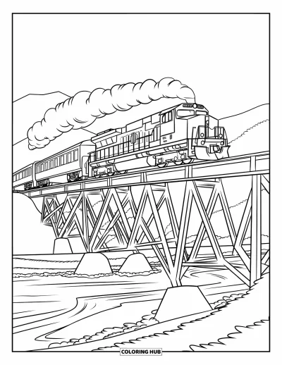 Train Coloring Page for Kids: A train with billowing smoke crosses an old steel bridge, with a river flowing beneath