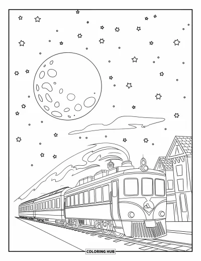 Train Coloring Page for Kids: A train with dining and luggage cars steams into a station beneath a bright, cratered moon