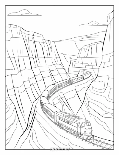Train Coloring Page for Kids: A train with elegant carriages snakes through a breathtaking canyon with steep, rugged walls