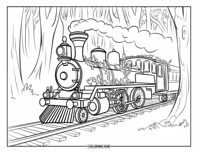 Train Coloring Page for Kids: A vintage steam train covered in vines waits at a wooden platform surrounded by towering trees