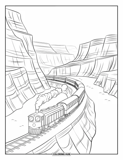Train Coloring Page for Kids: A vintage steam train travels through a vast canyon with towering cliffs and winding tracks