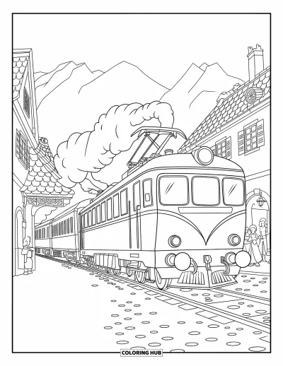 Train Coloring Page for Kids: A vintage train puffs smoke as it passes through a historic town with European-style buildings