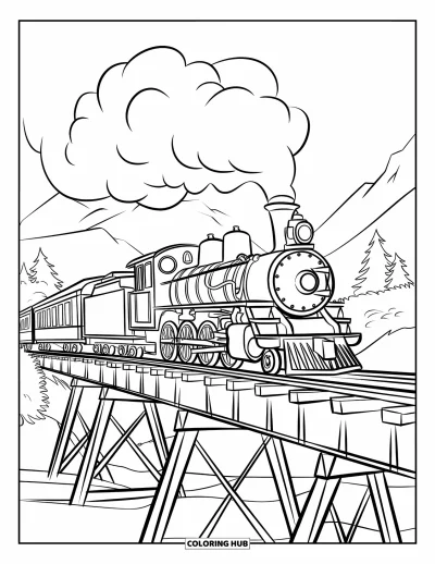 Train Coloring Page for Kids: A vintage train with several cars moves across a wooden bridge supported by tall wooden pillars